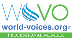 World Voices logo WOVO with globe outline as O